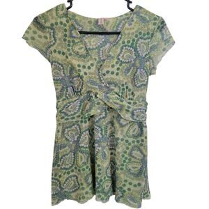 Vintage Y2K Sweet Pea by Stacy Frati Green Babydoll V-Neck Paisley Mesh Top MED
